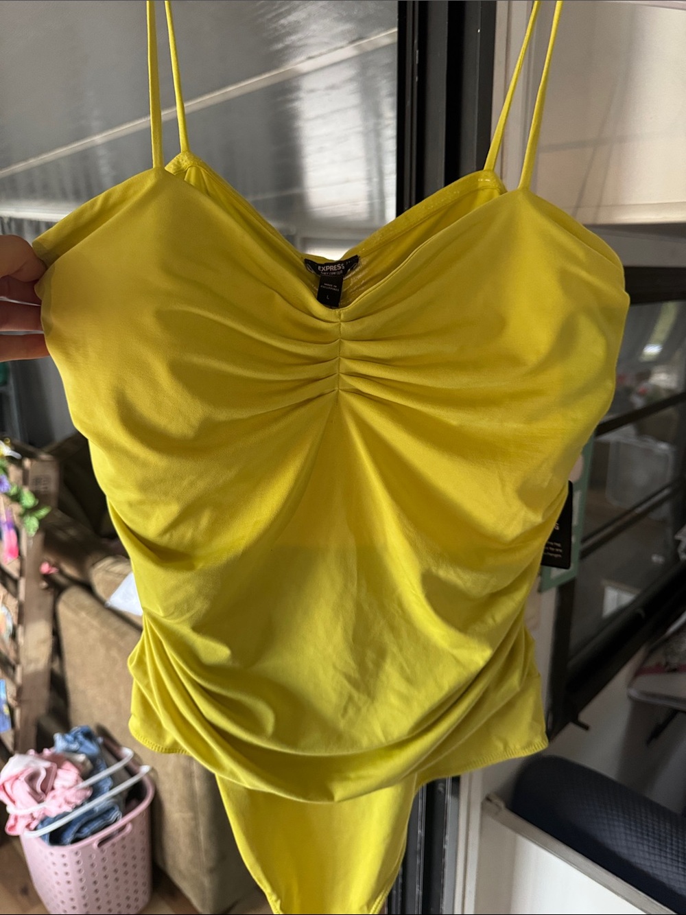 Express Yellow Ruched Cami Bodysuit with Double Spaghetti Straps